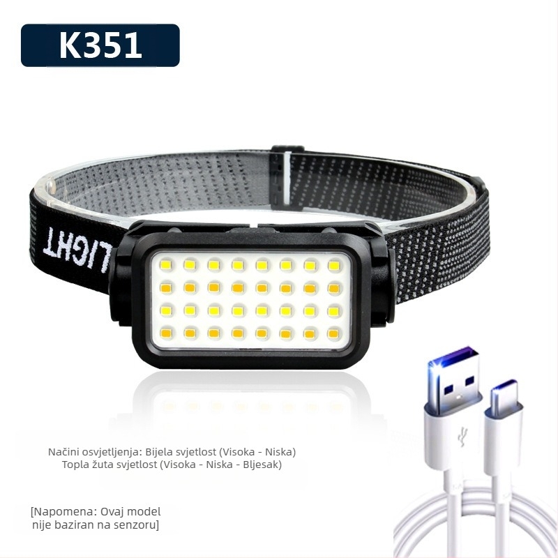 Čelna lampa s COB LED, USB punjiva, 30 W, 1200 mAh, domet 200–500 m, za kampiranje i aktivnosti na otvorenom