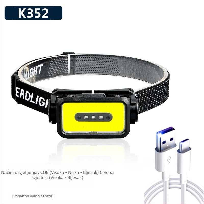 Čelna lampa s COB LED, USB punjiva, 30 W, 1200 mAh, domet 200–500 m, za kampiranje i aktivnosti na otvorenom