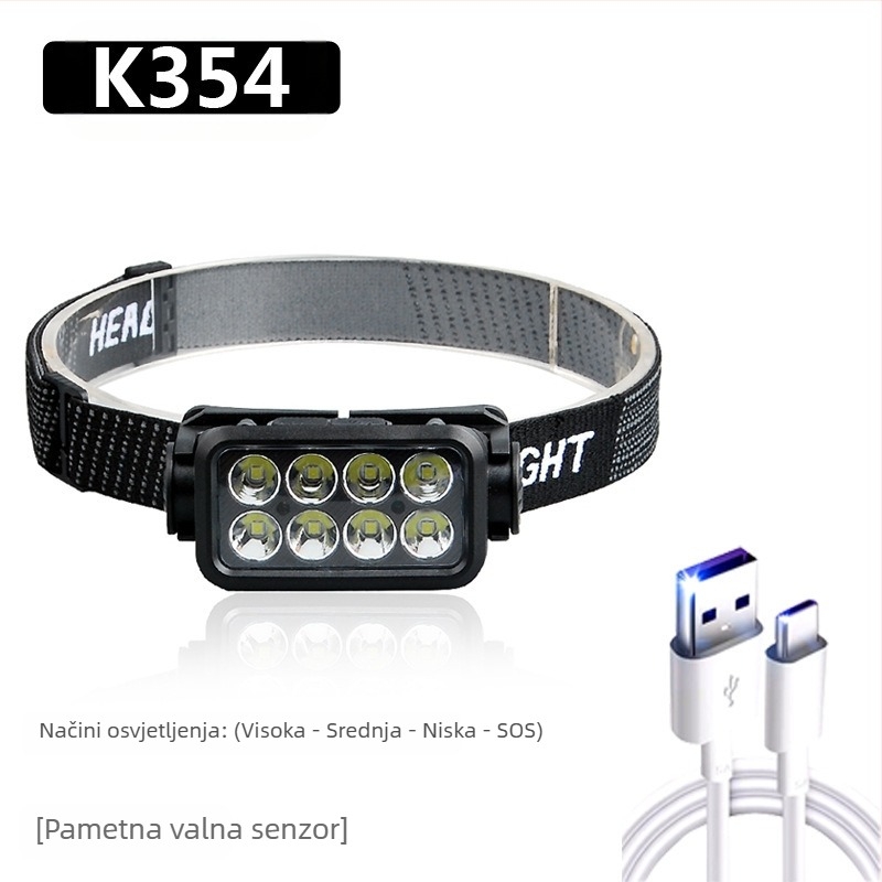 Čelna lampa s COB LED, USB punjiva, 30 W, 1200 mAh, domet 200–500 m, za kampiranje i aktivnosti na otvorenom