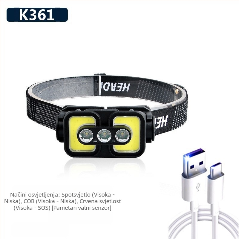 Čelna lampa s COB LED, USB punjiva, 30 W, 1200 mAh, domet 200–500 m, za kampiranje i aktivnosti na otvorenom