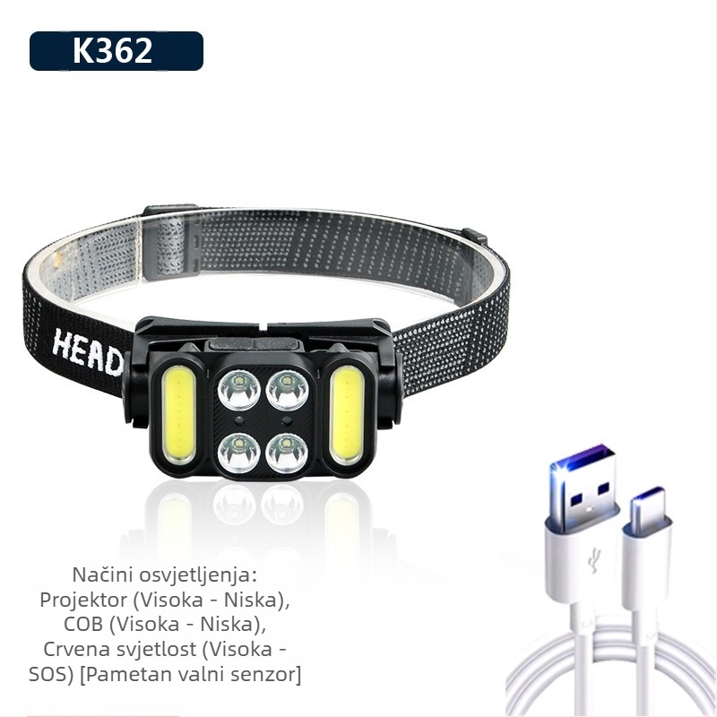 Čelna lampa s COB LED, USB punjiva, 30 W, 1200 mAh, domet 200–500 m, za kampiranje i aktivnosti na otvorenom