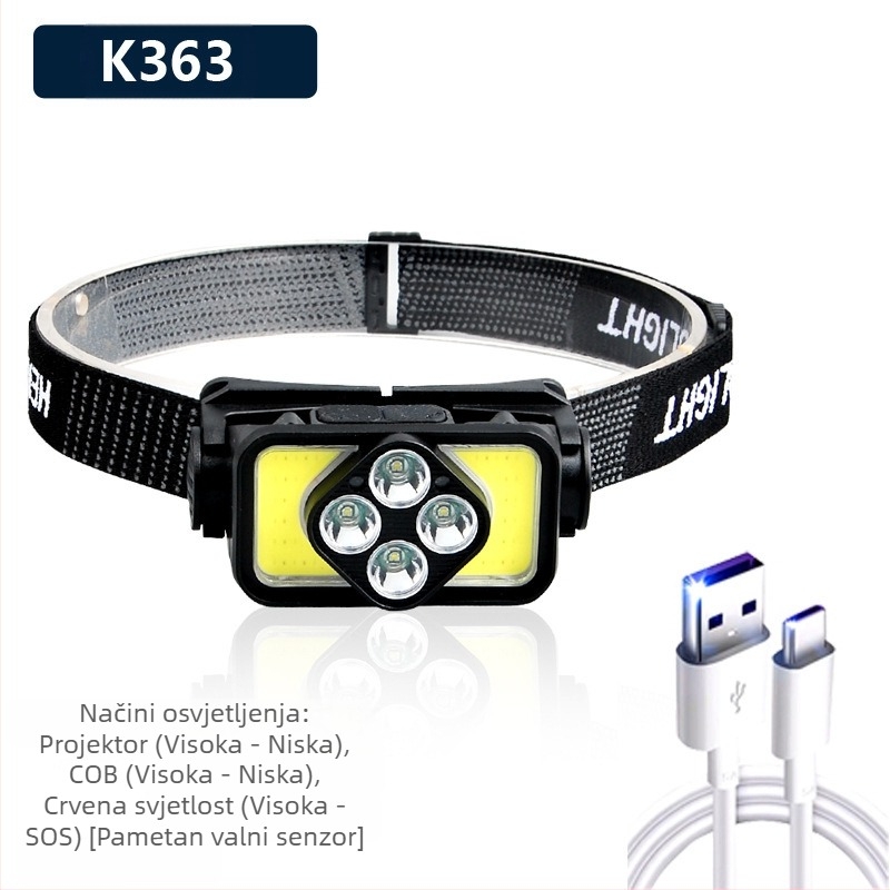 Čelna lampa s COB LED, USB punjiva, 30 W, 1200 mAh, domet 200–500 m, za kampiranje i aktivnosti na otvorenom
