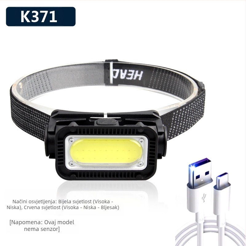 Čelna lampa s COB LED, USB punjiva, 30 W, 1200 mAh, domet 200–500 m, za kampiranje i aktivnosti na otvorenom