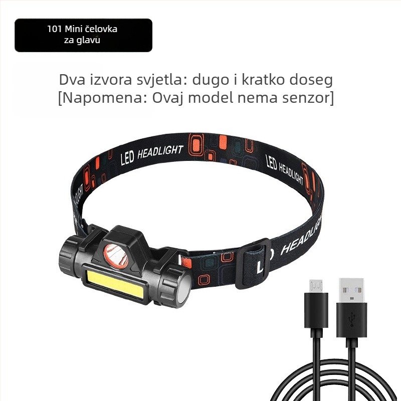 Čelna lampa s COB LED, USB punjiva, 30 W, 1200 mAh, domet 200–500 m, za kampiranje i aktivnosti na otvorenom