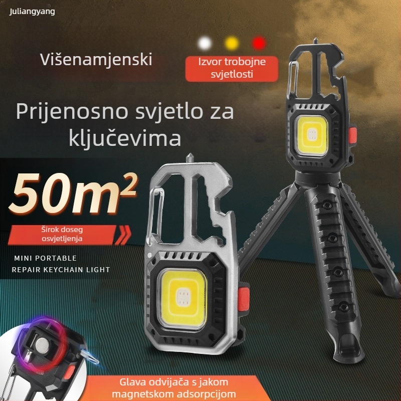 Vanjska prenosna lampica za ključevima, višefunkcionalno nužno osvjetljenje i radno svjetlo, COB LED, 3W, punjiva, kućište od aluminija + ABS, baterija 400 mA, domet 100–200 m