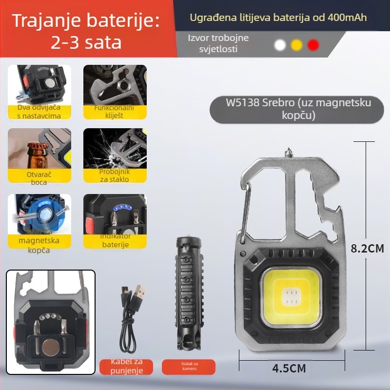 Vanjska prenosna lampica za ključevima, višefunkcionalno nužno osvjetljenje i radno svjetlo, COB LED, 3W, punjiva, kućište od aluminija + ABS, baterija 400 mA, domet 100–200 m