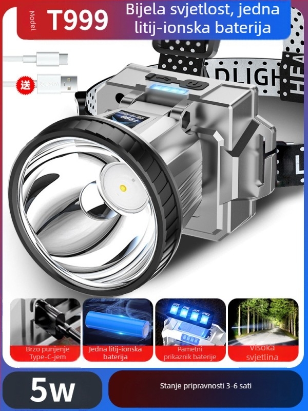 Punoprivredna LED čelna lampica s Type-C punjenjem — 10W, 1200mAh, nosiva glava, snop 200–500 m