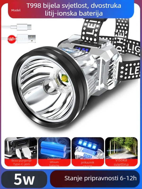 Punoprivredna LED čelna lampica s Type-C punjenjem — 10W, 1200mAh, nosiva glava, snop 200–500 m