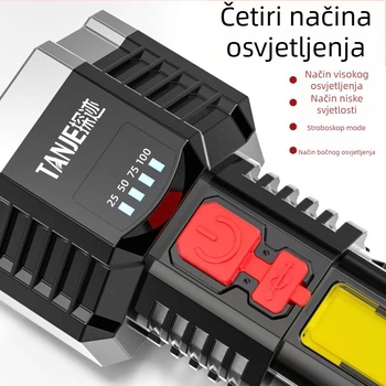 LED ručna baterija s pet LED jezgrama, USB punjenje, vanjska višenamjenska duga svjetlost, domet 100–200 m, 360° rotacija