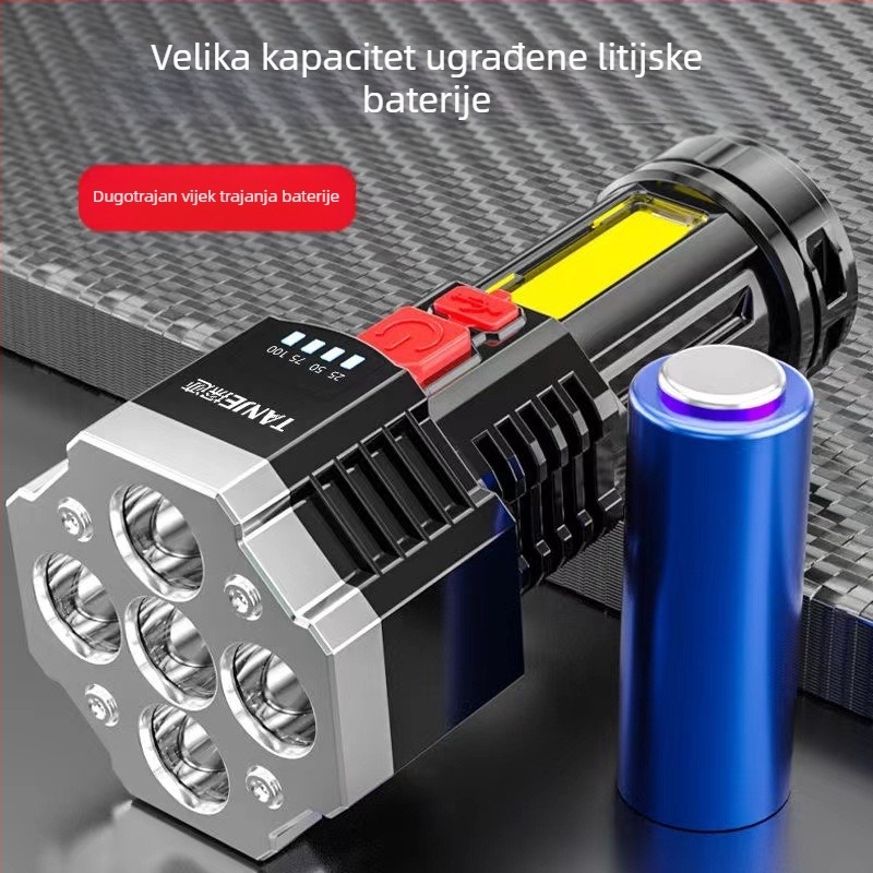 LED ručna baterija s pet LED jezgrama, USB punjenje, vanjska višenamjenska duga svjetlost, domet 100–200 m, 360° rotacija