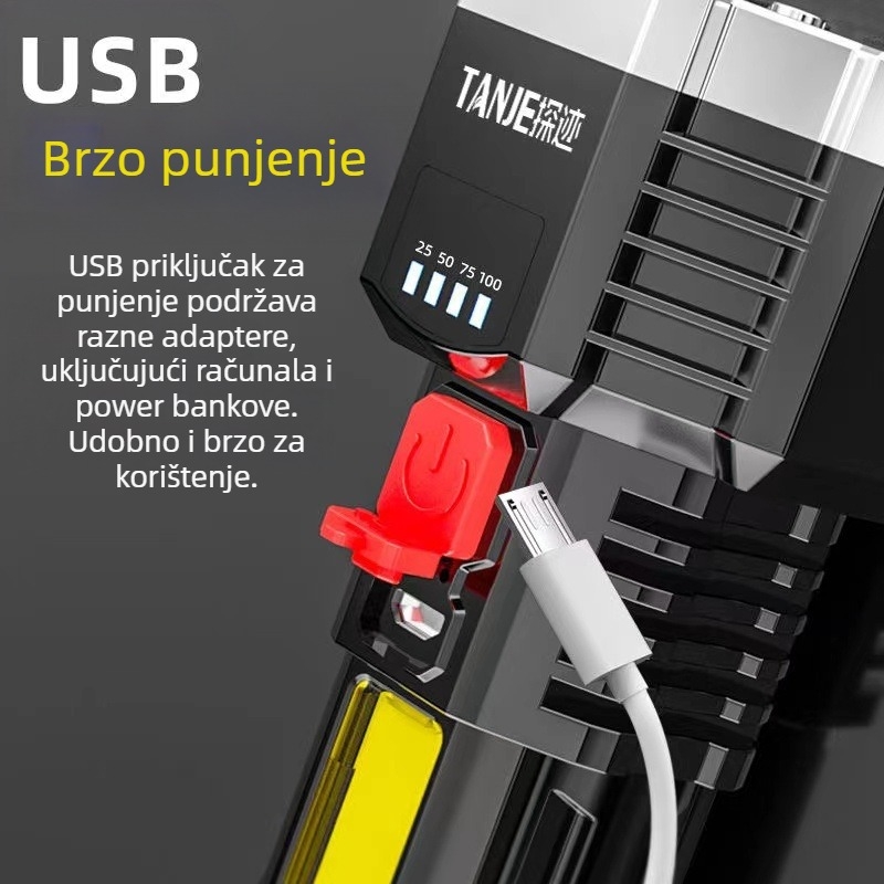 LED ručna baterija s pet LED jezgrama, USB punjenje, vanjska višenamjenska duga svjetlost, domet 100–200 m, 360° rotacija