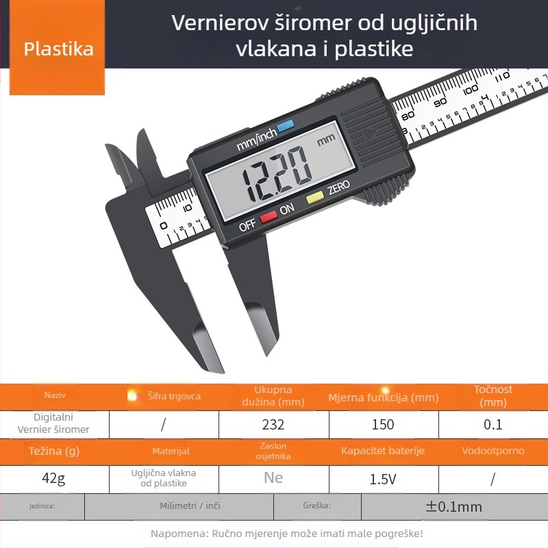 Enjoy digitalni mjerni kaliper od nehrđajućeg čelika s dubinskom šipkom, raspon mjerenja 0–150 mm