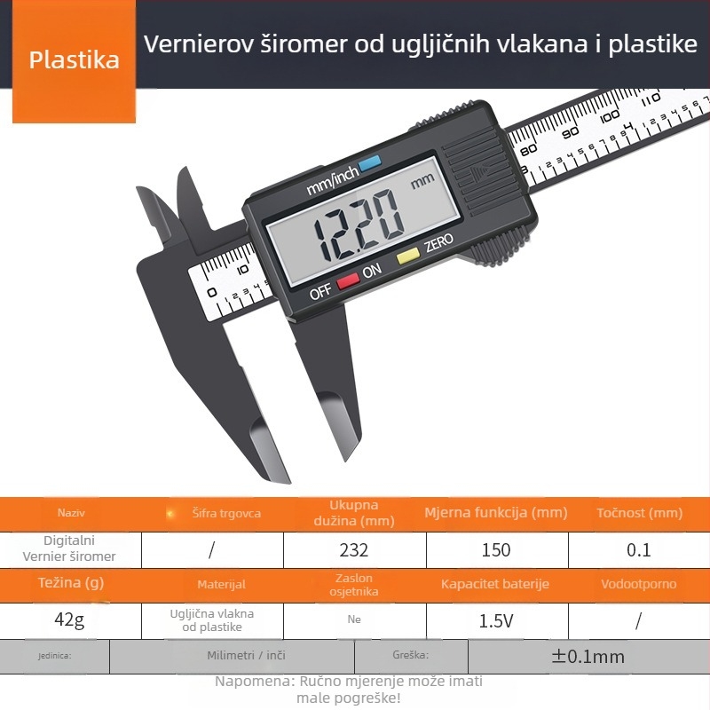 Enjoy digitalni mjerni kaliper od nehrđajućeg čelika s dubinskom šipkom, raspon mjerenja 0–150 mm