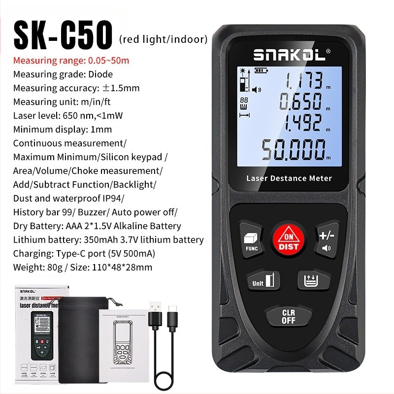 SNAKOL laserski mjerač udaljenosti SK-C120, visoka preciznost IR mjerenja, digitalni mjerni alat, dvostruko napajanje, domet 120 m