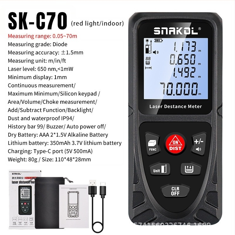 SNAKOL laserski mjerač udaljenosti SK-C120, visoka preciznost IR mjerenja, digitalni mjerni alat, dvostruko napajanje, domet 120 m