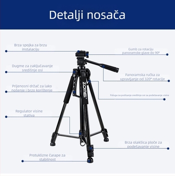 ZoMei stativ s 3D glavom, aluminijska legura, 4-sekcijske noge, nosivost 2–5 kg, pločica za brzo oslobađanje