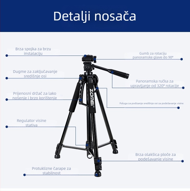 ZoMei stativ s 3D glavom, aluminijska legura, 4-sekcijske noge, nosivost 2–5 kg, pločica za brzo oslobađanje