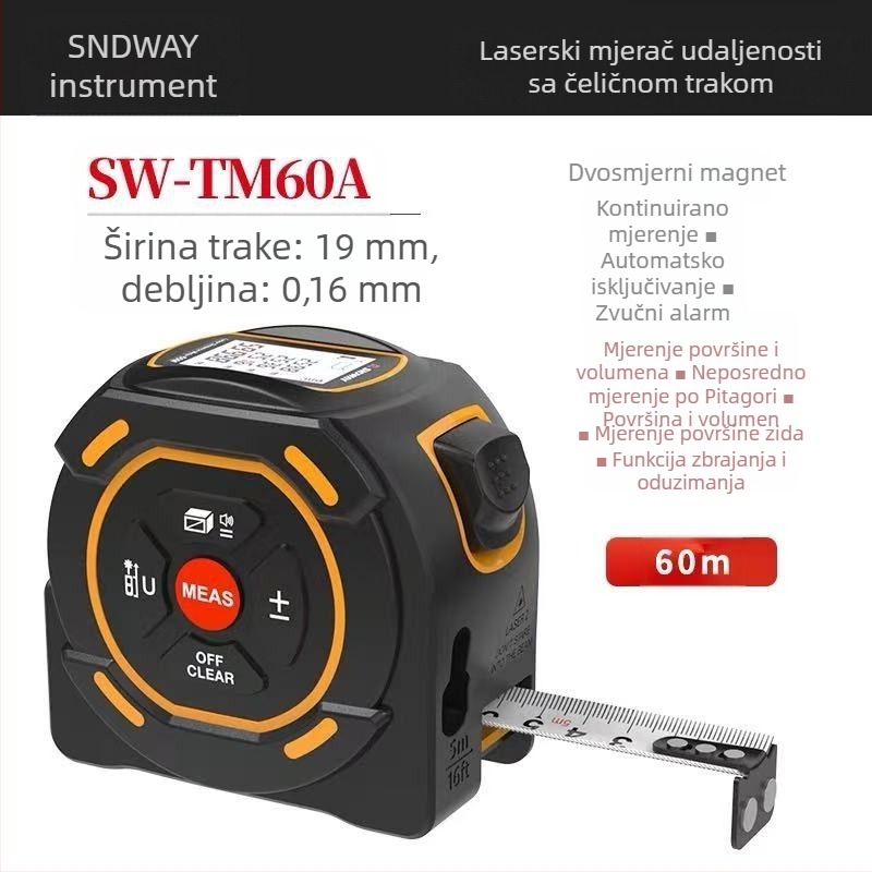 Laserski mjerač udaljenosti SW-TM60, serija SW-TM60, domet 40–60 m, točnost ±2, napajanje 1.5V AA×2