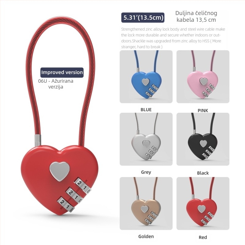 Srcolasti mehanički katanc s lozinkom 06U – cinkov legura, za školske torbe, prtljagu i torbe za teretanu; debljina zaključnog štapa 4 mm, razmak šipki 15 mm