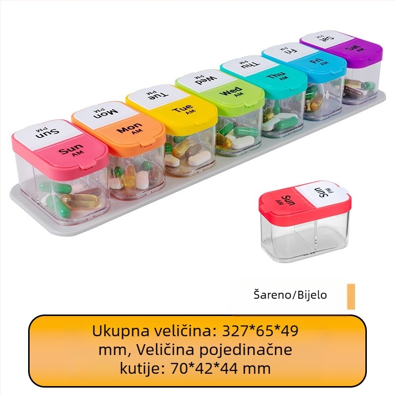 Sedmodnevni organizator lijekova s 14 pretinaca, plast visoke prehrambene kvalitete, veliki kapacitet, šarena kućna kutija za lijekove