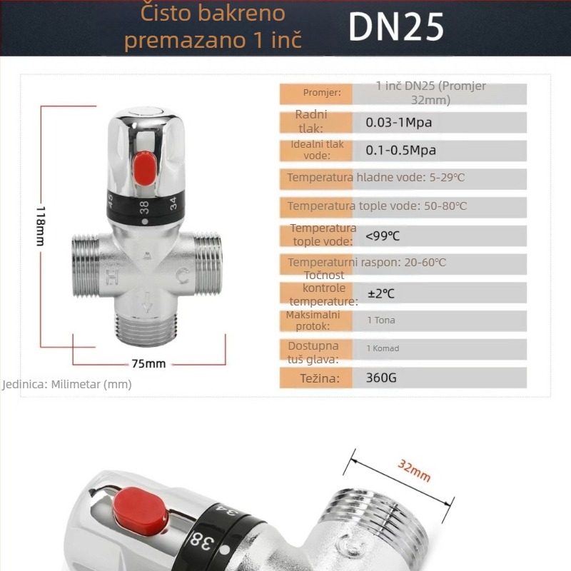 Mesingani termostatski miješajući ventil za kuhinju i kupaonicu, izlaz G1/2, tlak 0,1–1 MPa, hladna 0–30°C, topla 45–80°C