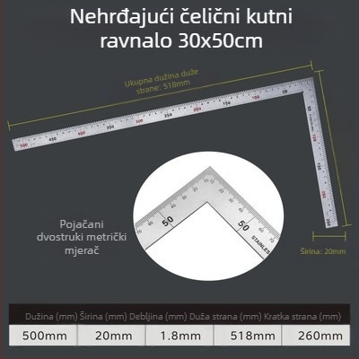 L-oblik kutomjer od visokougljičnog čelika za mjerenje kutova, točnost 1 mm, prilagodljiv
