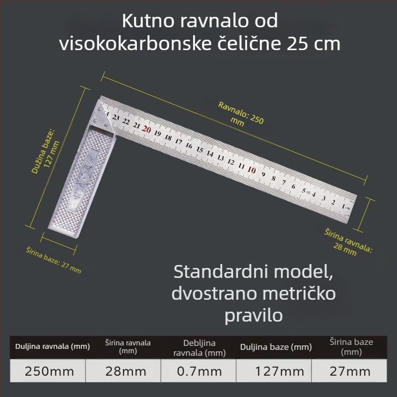 L-oblik kutomjer od visokougljičnog čelika za mjerenje kutova, točnost 1 mm, prilagodljiv