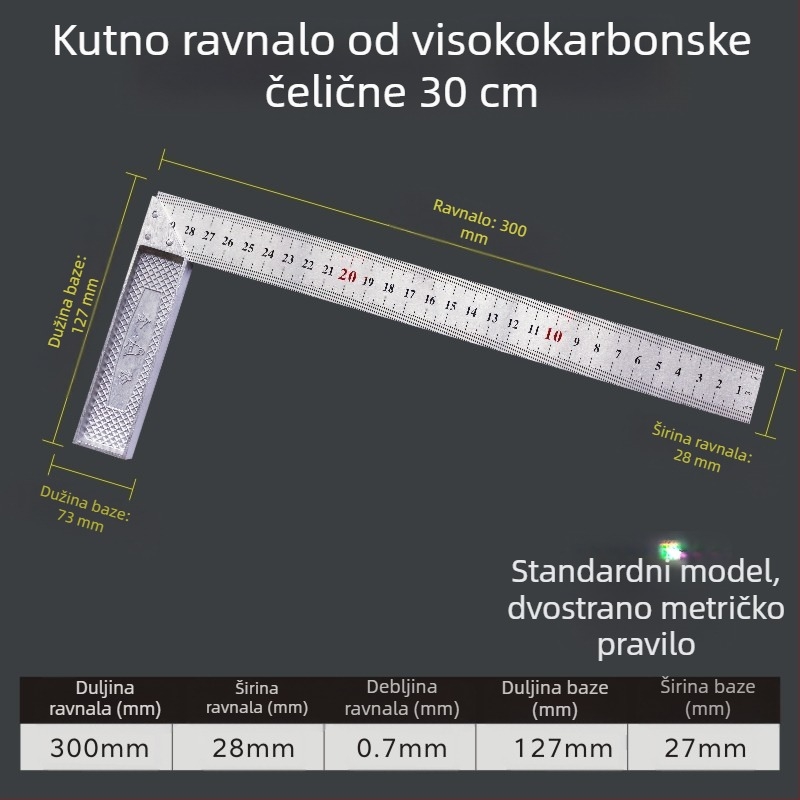 L-oblik kutomjer od visokougljičnog čelika za mjerenje kutova, točnost 1 mm, prilagodljiv