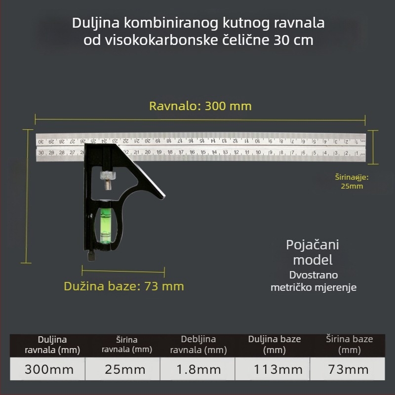 L-oblik kutomjer od visokougljičnog čelika za mjerenje kutova, točnost 1 mm, prilagodljiv