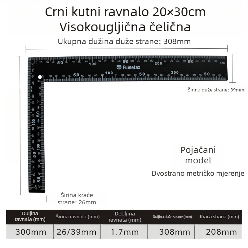 L-oblik kutomjer od visokougljičnog čelika za mjerenje kutova, točnost 1 mm, prilagodljiv