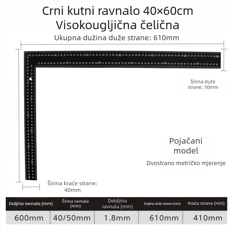 L-oblik kutomjer od visokougljičnog čelika za mjerenje kutova, točnost 1 mm, prilagodljiv