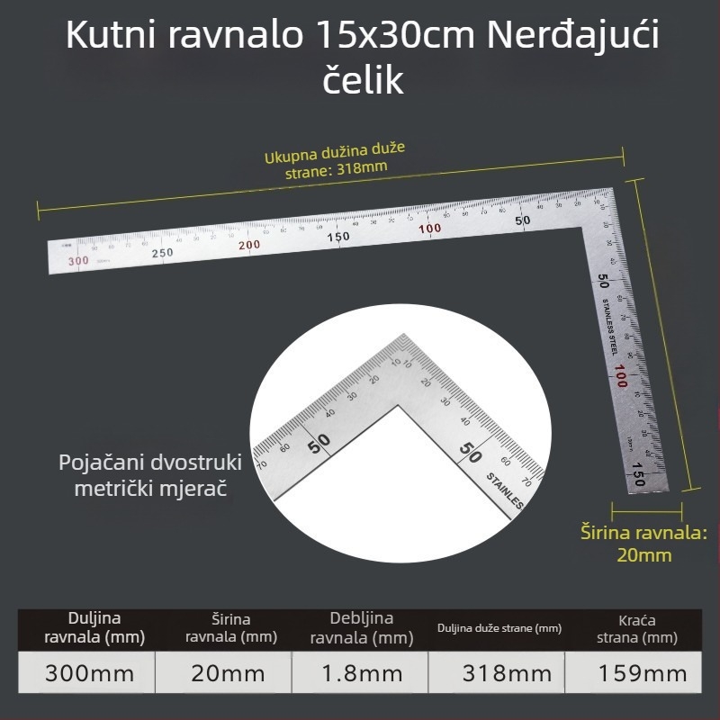 L-oblik kutomjer od visokougljičnog čelika za mjerenje kutova, točnost 1 mm, prilagodljiv