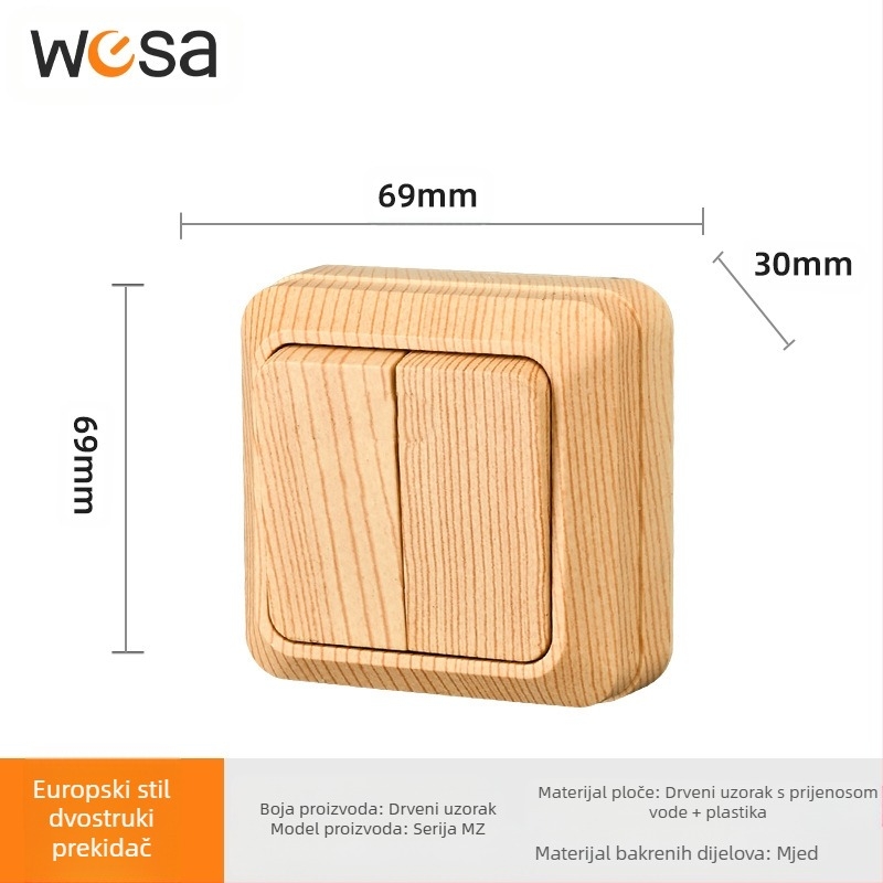 Zidna utičnica sa prekidačem, europski standard, 10A, 100–250V, mesing tijelo, CE