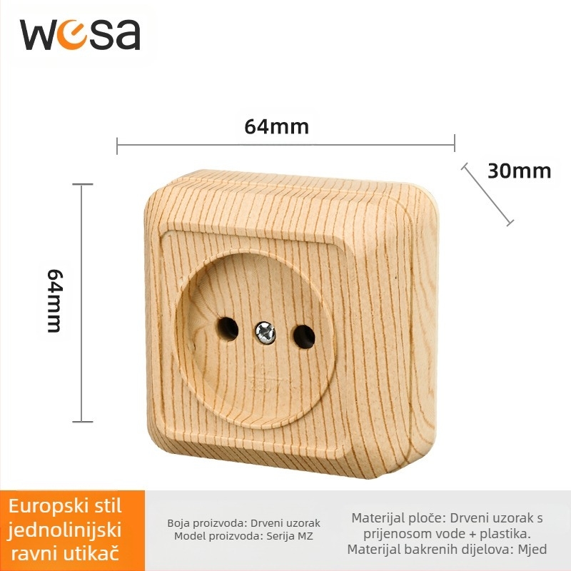 Zidna utičnica sa prekidačem, europski standard, 10A, 100–250V, mesing tijelo, CE