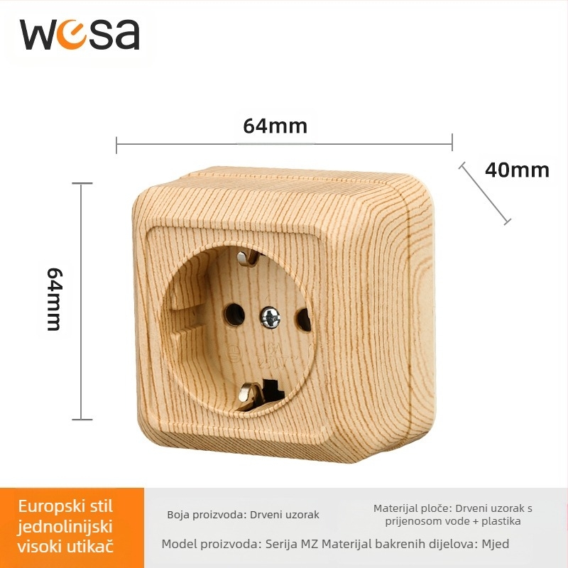 Zidna utičnica sa prekidačem, europski standard, 10A, 100–250V, mesing tijelo, CE