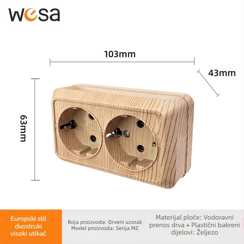 Zidna utičnica sa prekidačem, europski standard, 10A, 100–250V, mesing tijelo, CE