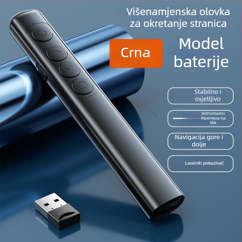 PPT pero za prebacivanje stranica s laserskim pokazivačem, punjivo, ABS tijelo, univerzalna kompatibilnost, logotip otisnut