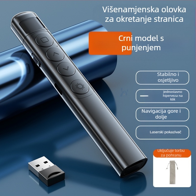 PPT pero za prebacivanje stranica s laserskim pokazivačem, punjivo, ABS tijelo, univerzalna kompatibilnost, logotip otisnut