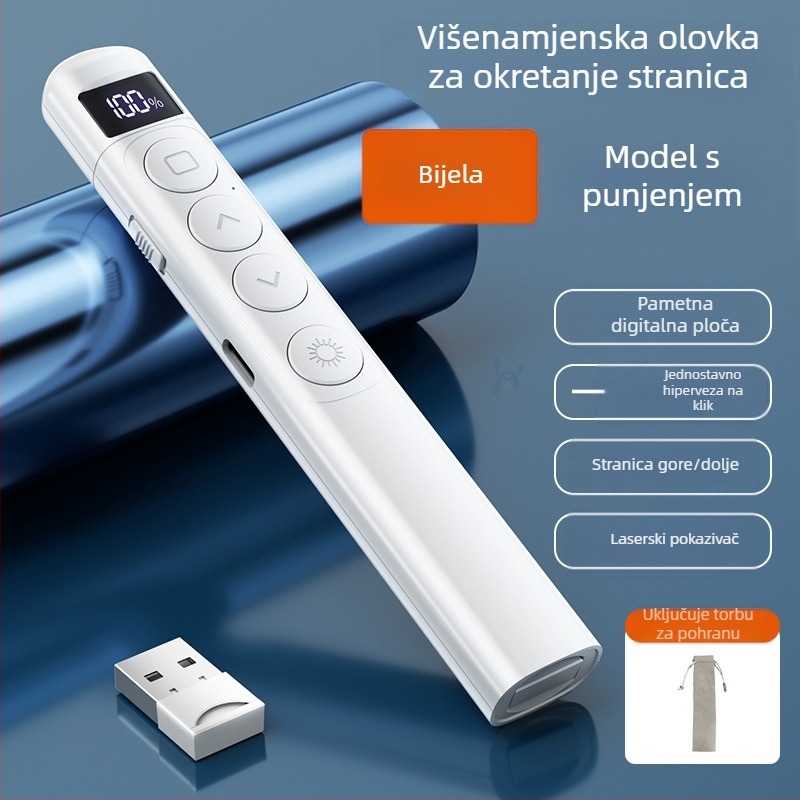 PPT pero za prebacivanje stranica s laserskim pokazivačem, punjivo, ABS tijelo, univerzalna kompatibilnost, logotip otisnut