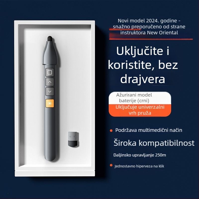 PPT pero za prebacivanje stranica s laserskim pokazivačem, punjivo, ABS tijelo, univerzalna kompatibilnost, logotip otisnut