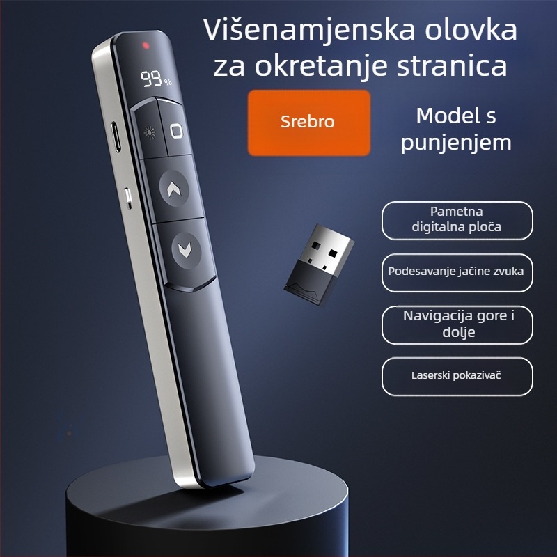PPT pero za prebacivanje stranica s laserskim pokazivačem, punjivo, ABS tijelo, univerzalna kompatibilnost, logotip otisnut