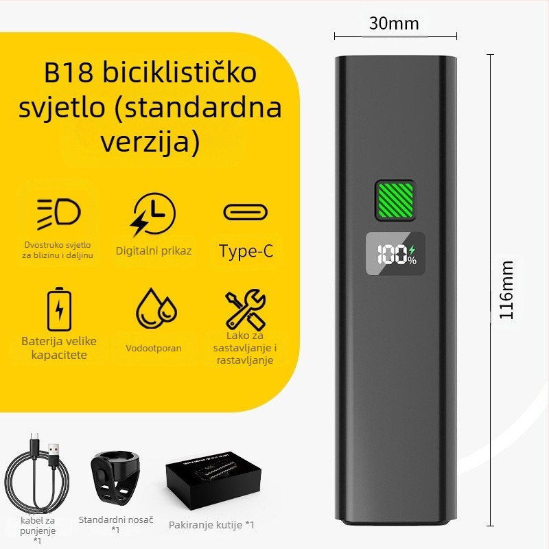 Prednja svjetiljka za noćnu vožnju na biciklu – 10W LED, baterija 3000–4500 mAh, napajanje baterijom, domet do 50 m, uključeno punjač