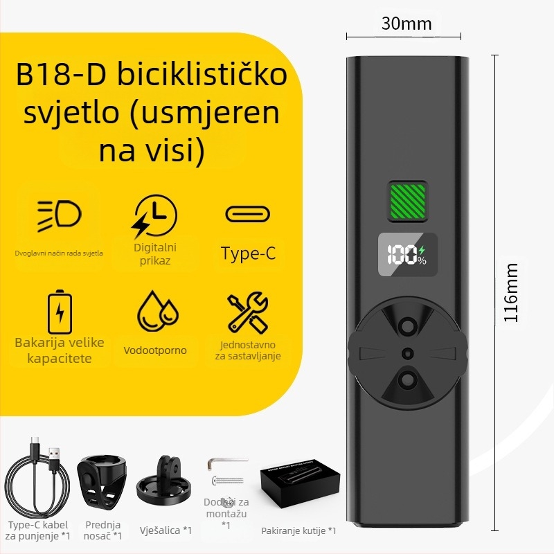 Prednja svjetiljka za noćnu vožnju na biciklu – 10W LED, baterija 3000–4500 mAh, napajanje baterijom, domet do 50 m, uključeno punjač