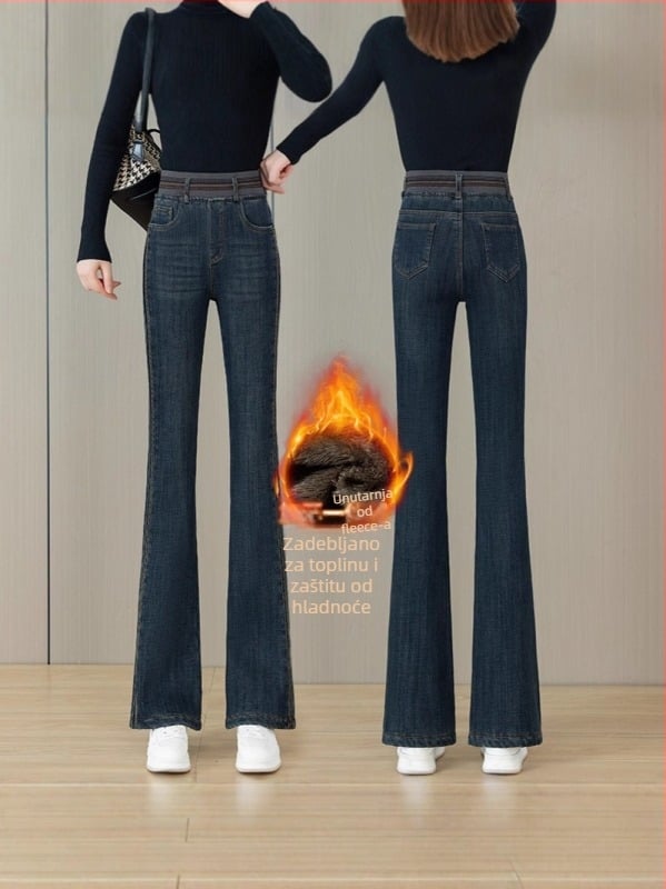 Ženske denim hlače boot-cut, visokim strukom, mikroelastični pamuk-elastan materijal, blago šire nogavice, casual straight kroj, jesen-zima 2025, 70–80% pamuk, <30% elastan