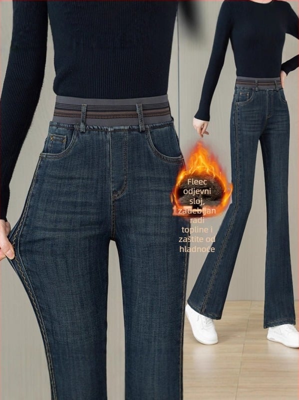 Ženske denim hlače boot-cut, visokim strukom, mikroelastični pamuk-elastan materijal, blago šire nogavice, casual straight kroj, jesen-zima 2025, 70–80% pamuk, <30% elastan