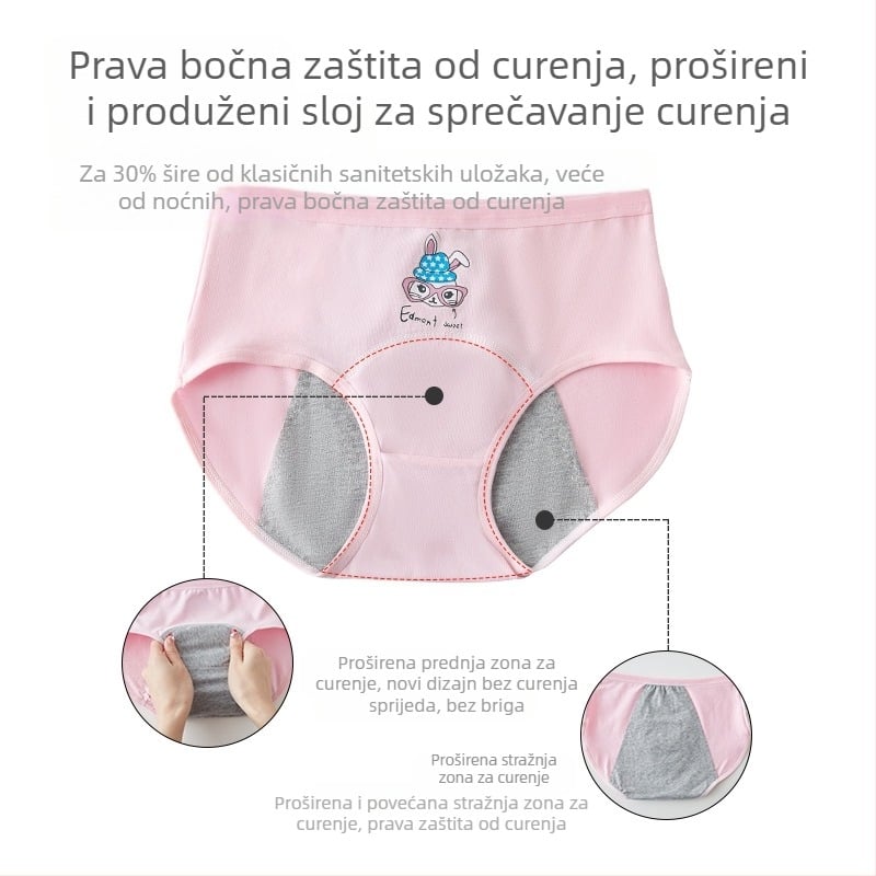 Djevojčice menstrualne gaćice, glavni materijal 95% pamuk, podstava u preponama 100% pamuk, trostruka zaštita od curenja
