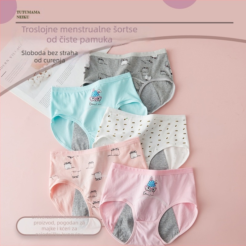 Djevojčice menstrualne gaćice, glavni materijal 95% pamuk, podstava u preponama 100% pamuk, trostruka zaštita od curenja