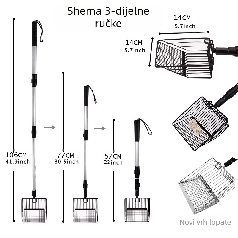 Metalna žlica za mačji izmet s produženom ručkom; dug domet za čišćenje kokošinjca i plaže