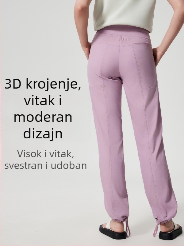Ženske hlače za trčanje na otvorenom, brzo sušeće, udoban kroj, srednje visina struka s vezicom, tkanina mješavina pamuka s 95% najlona, pogodne za sva godišnja doba