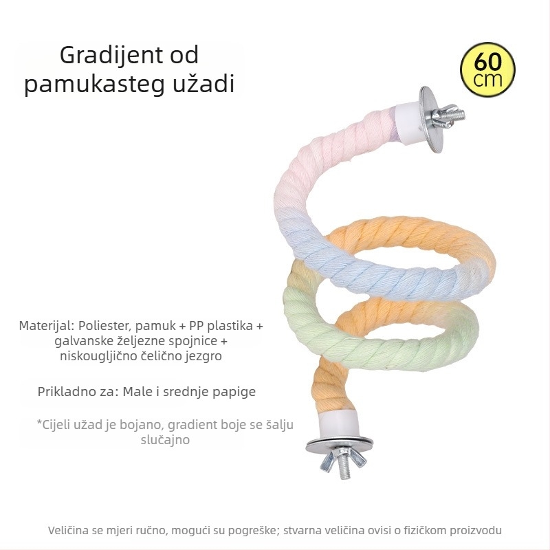 Igračka za papige: užad za penjanje s prstenom i ljuljačkom, ljestvica za grickanje i stalk; materijali: poliester-pamučno vlakno, PP plast, galvanizirani metalni dijelovi, jezgro od niskougljičnog čelika